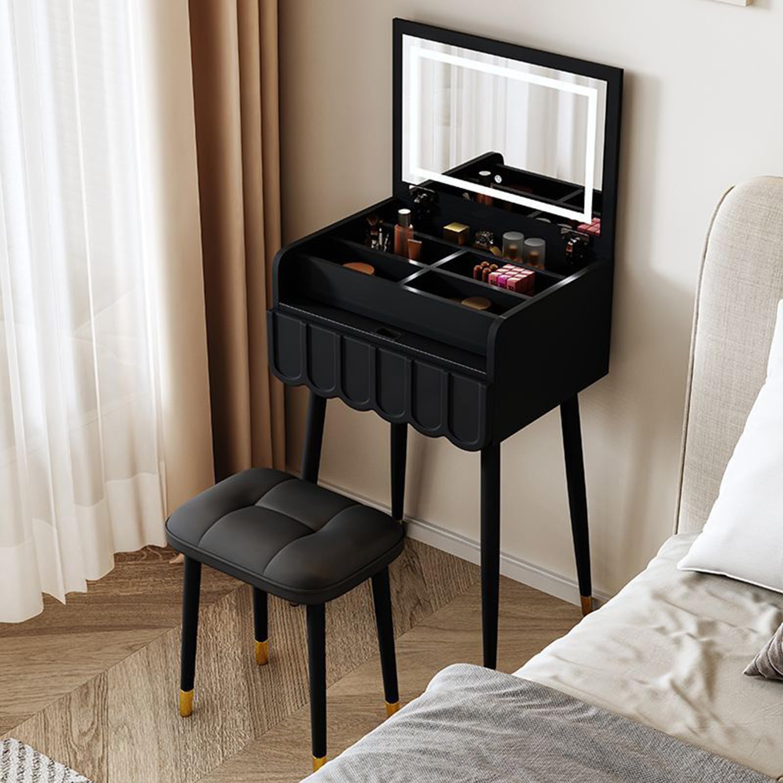 multifunctional Dressing table set with LED mirror + chair,vanity desk, makeup table, flip small integrated makeup vanity Bedside table simple modern bedroom 60 * 40 * 75cm (Black)