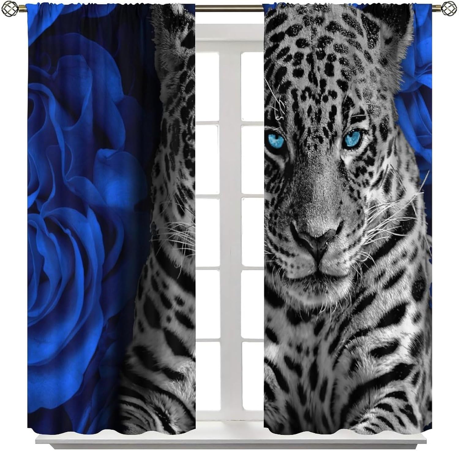Leopard and Blue Rose Curtains Romantic Floral Wildlife Wild Animal Curtain with Rod Pocket for Bedroom Living Room Home Decor Drapes Window Treatments 2 Panels Set 42" W X 45" L