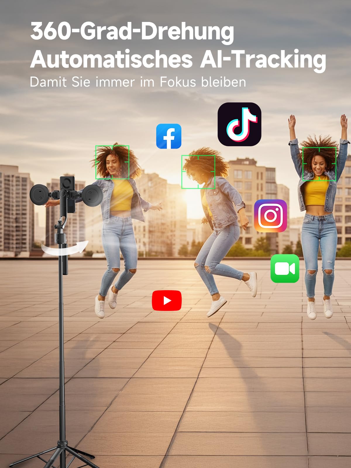 Handy Stativ mit Verfolgung, Rollei 360 Grad Rotation Automatic Face Tracking Smartphone Tripod Selfie Stick 163 cm mit Licht und Fernbedienung zum Filmen Vlog, Handy-Stative-Video-Smartphone-Tripod