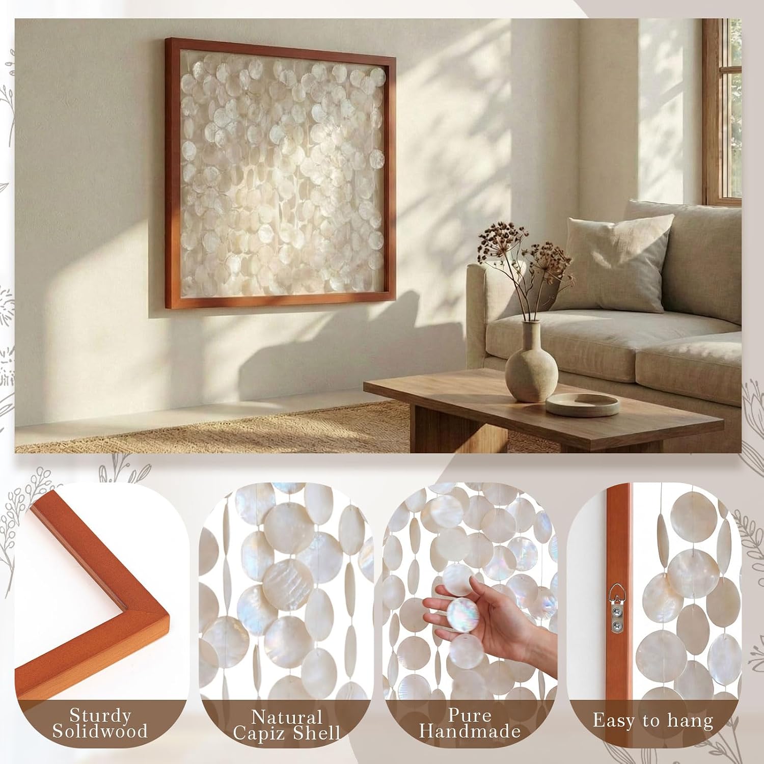 Yerliker 24"x24" Capiz Shell Wall Decor, Framed Coastal Seashell Wall Art