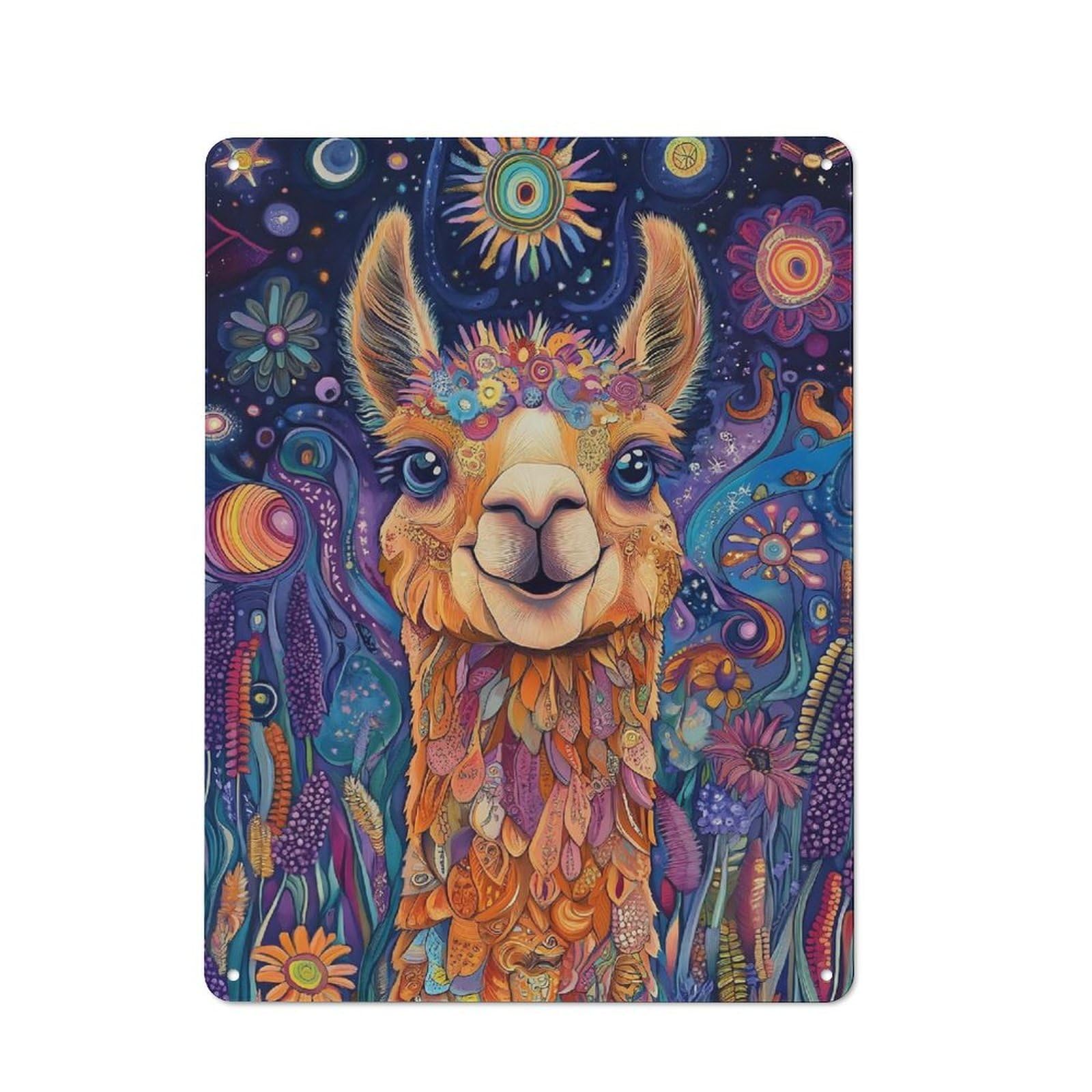 Metal Wall Sign 40x30cm Featuring Llama in Blooming Meadow – Sunrise Fantasy Wall Art for Garage Or Workshop, for Garage, Workshop And Man Cave Decoration