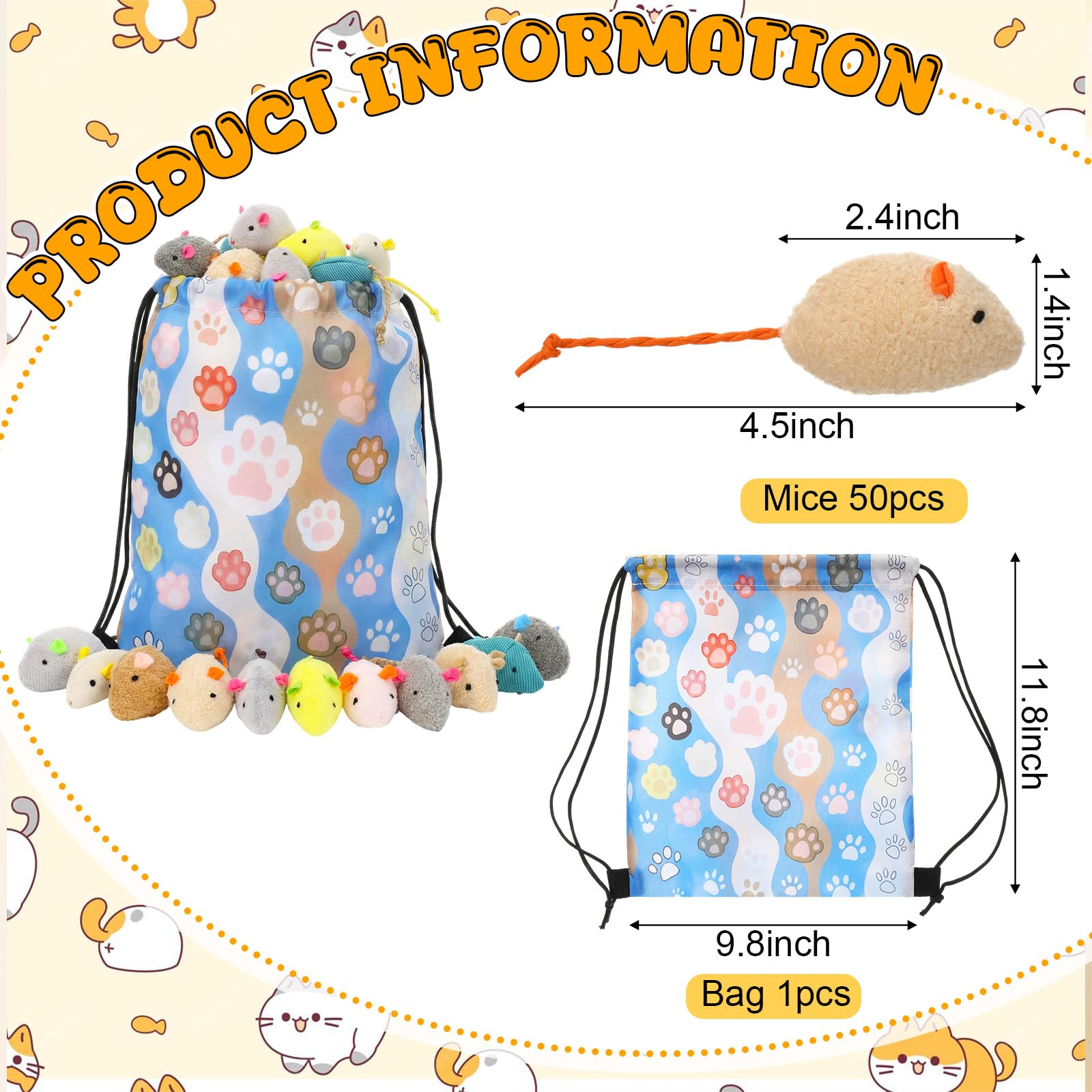 Leitee Paquete de 50 juguetes surtidos de ratones para gatos a granel con 1 bolsa de almacenamiento de regalo de pata de gato, ratón peludo, gatito, animales, juguete de limpieza de dientes, mini