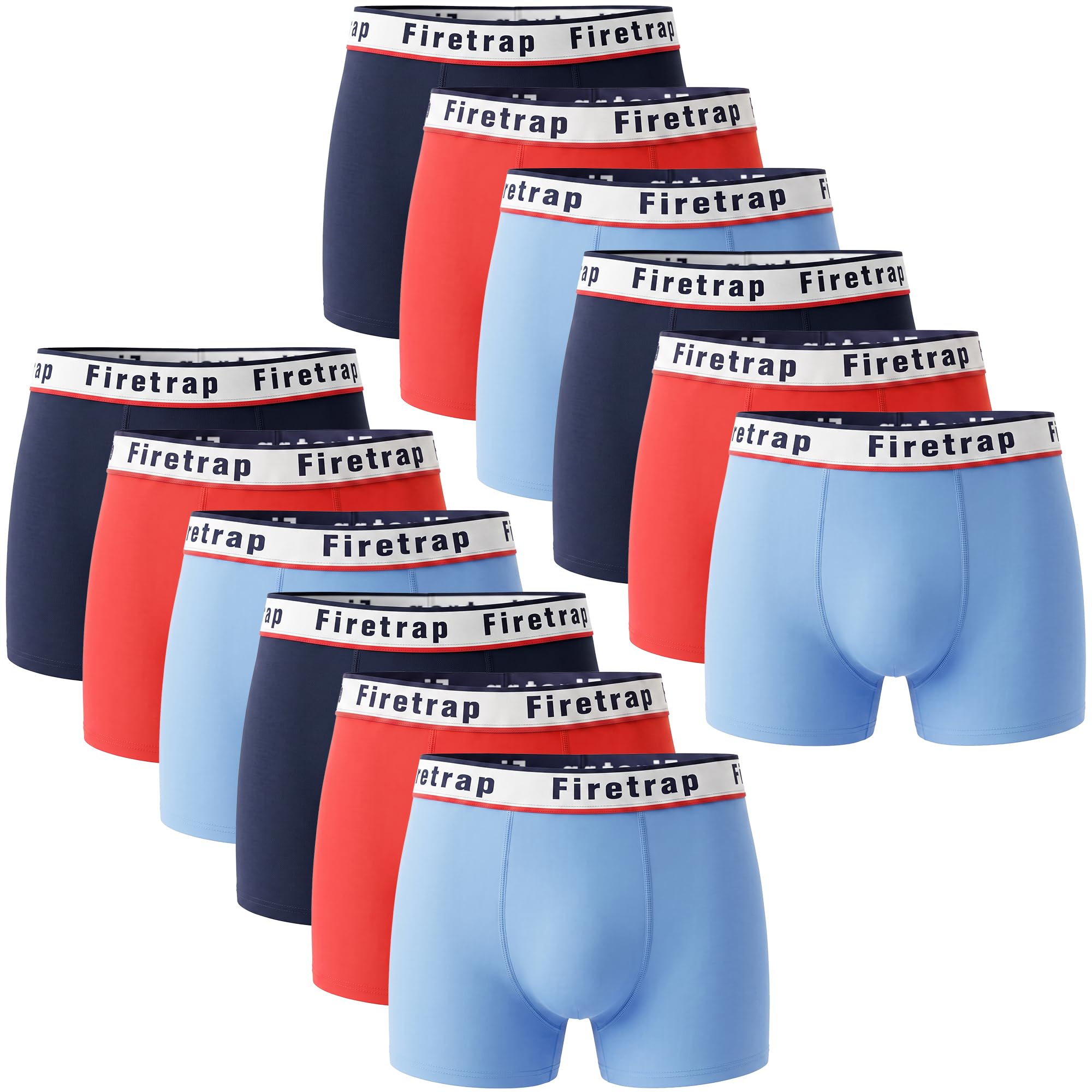 Firetrap Men's Sky, Navy, Red 12 Pack Designer Boxer Shorts, Underwear Gift Set Trunks Comfortable Stretch Cotton Plain Colours Briefs M