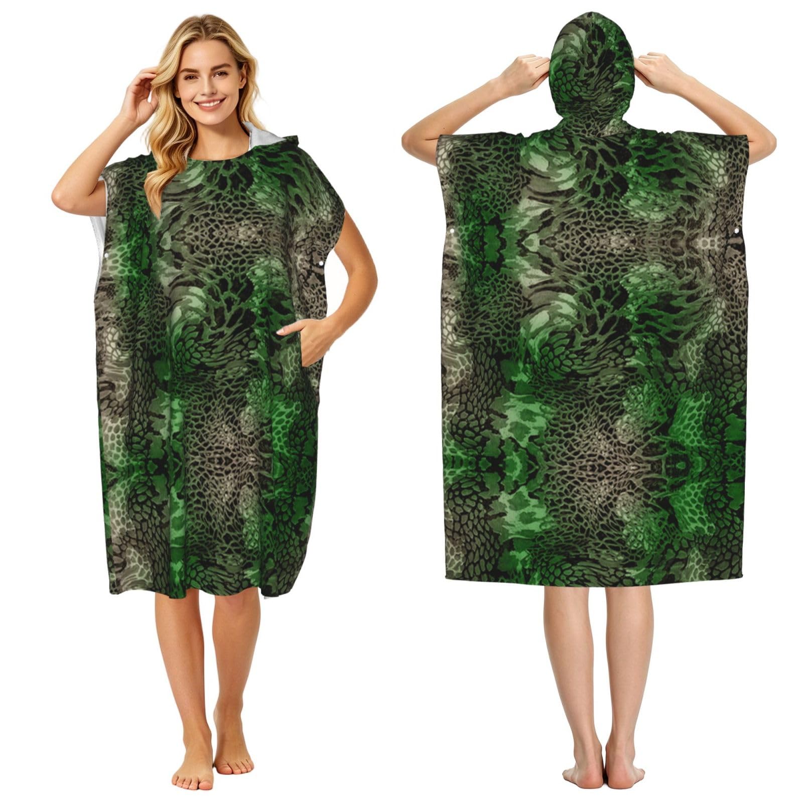 Poncho de surf adulte imprimé serpent vert en microfibre