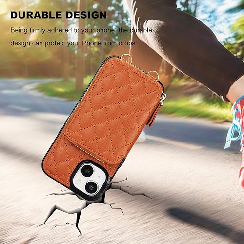 Miniatura 8 de Bocasal Funda tipo cartera cruzada para iPhone 15, con bloqueo RFID, de piel sintética, con cremallera, funda tipo cartera con función atril y