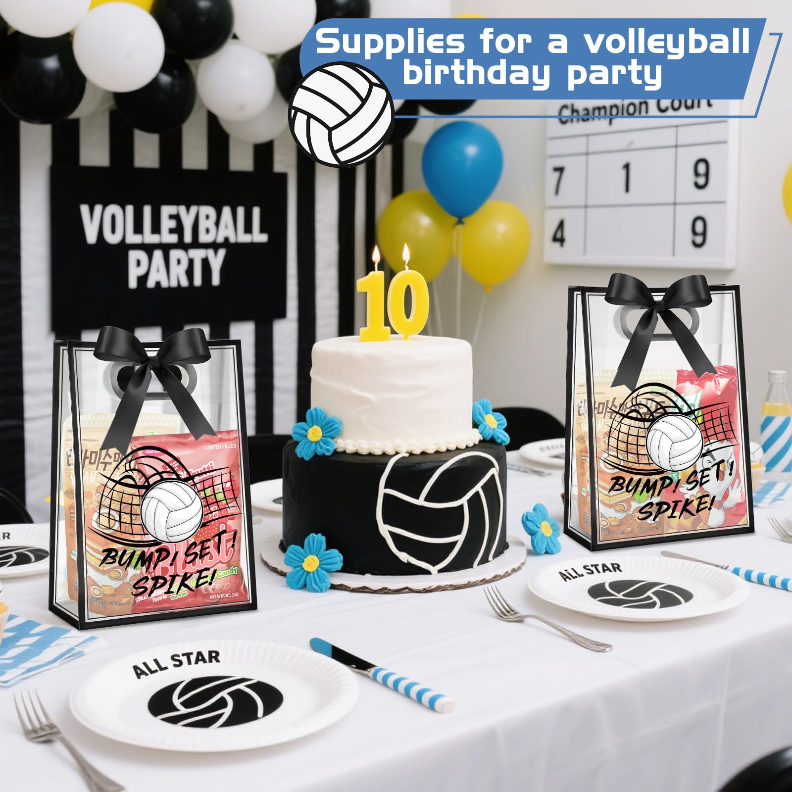 Aliceset 12 Pcs Volleyball Clear Goodie Bag with Die Cut Handles and Ribbons Sport Theme Party Favor Bags for Volleyball Team Snack Wrapping Teamer Gifts Birthday Party Treats Supplies, 7x10x3.15 Inch
