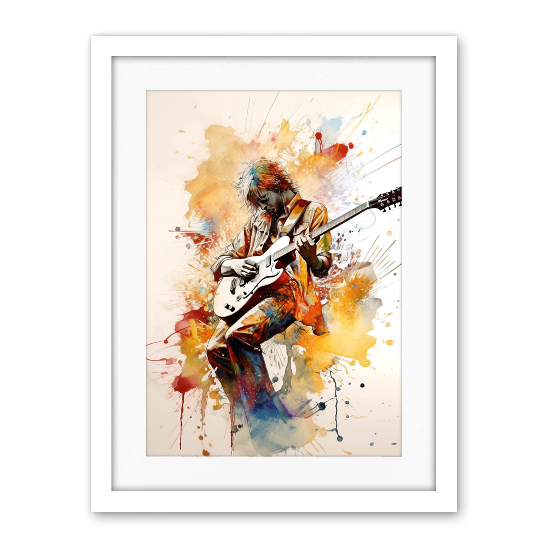 Artery8 Guitarist Musician Playing Solo on Electric Guitar Modern Watercolour Illustration Artwork Framed Wall Art Print 18X24 Inch