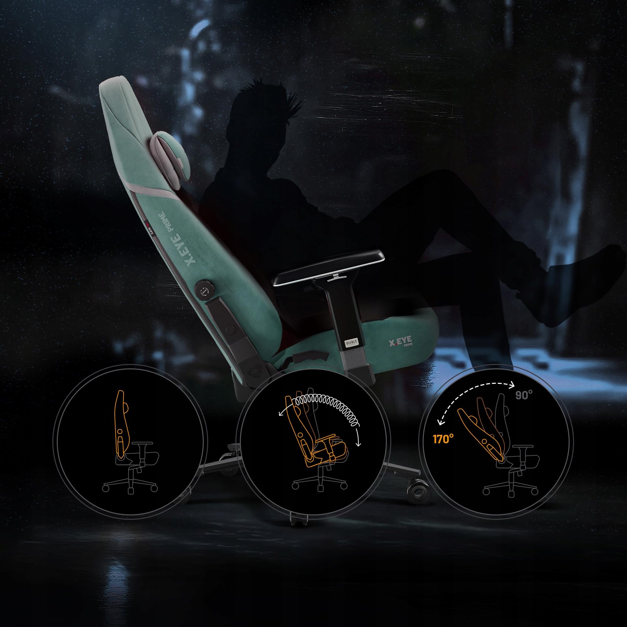 Diablo X.Eye Prime Silla Gaming Oficina, Sillon Gamer Ergonómico | Reposacabezas magnético | Reposabrazos 4D | Apoyo Lumbar Ajustable Integrado | Tejido | Carga de hasta 140 kg | Mystic Mint
