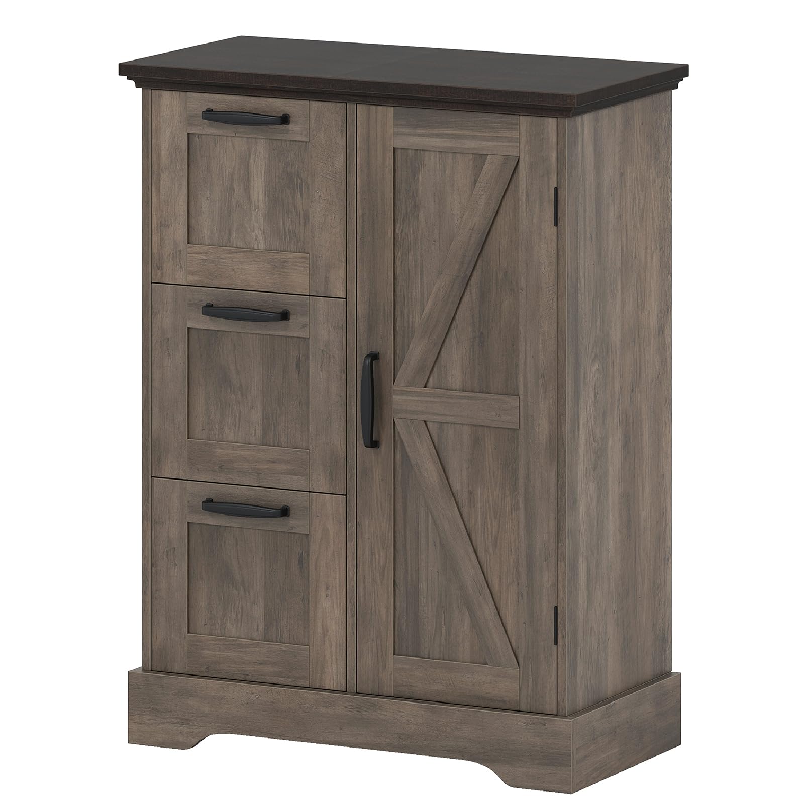 COSTWAY Bathroom Floor Cabinet, Freestanding Storage Cupboard with Barn Door and 3 Drawers, Farmhouse Wooden Bathroom Unit Side Cabinet for Living Room Kitchen Hallway, 60 x 30 x 80cm (Rustic Oak) — image 1