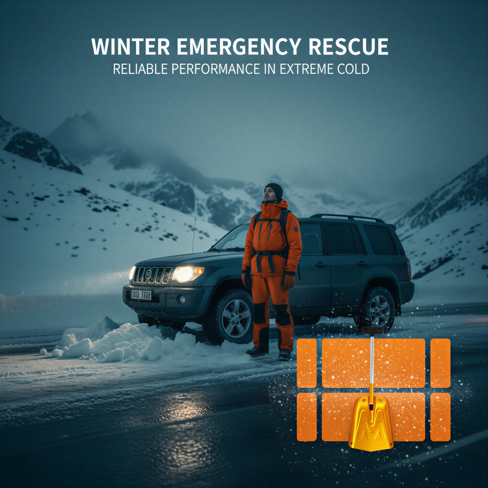 Schneeschaufel für den Notfall, 25,6 Zoll Teleskop-Aluminiumschneeräumer mit 8,7 Zoll breitem Schaufelblatt, leicht und tragbar für Auto, Camping, Sand und Winterausrüstung, orange D-Griff