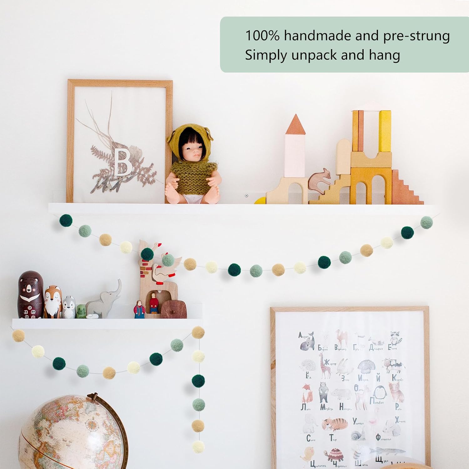 ANSOMO Sage Green Ribbon Felt Ball Garland Fabric Pom Pom Banner | Tan Brown Ivory Gold, Birthday Bridal Baby Shower Decor, Wild Safari Jungle Botanical Greenery