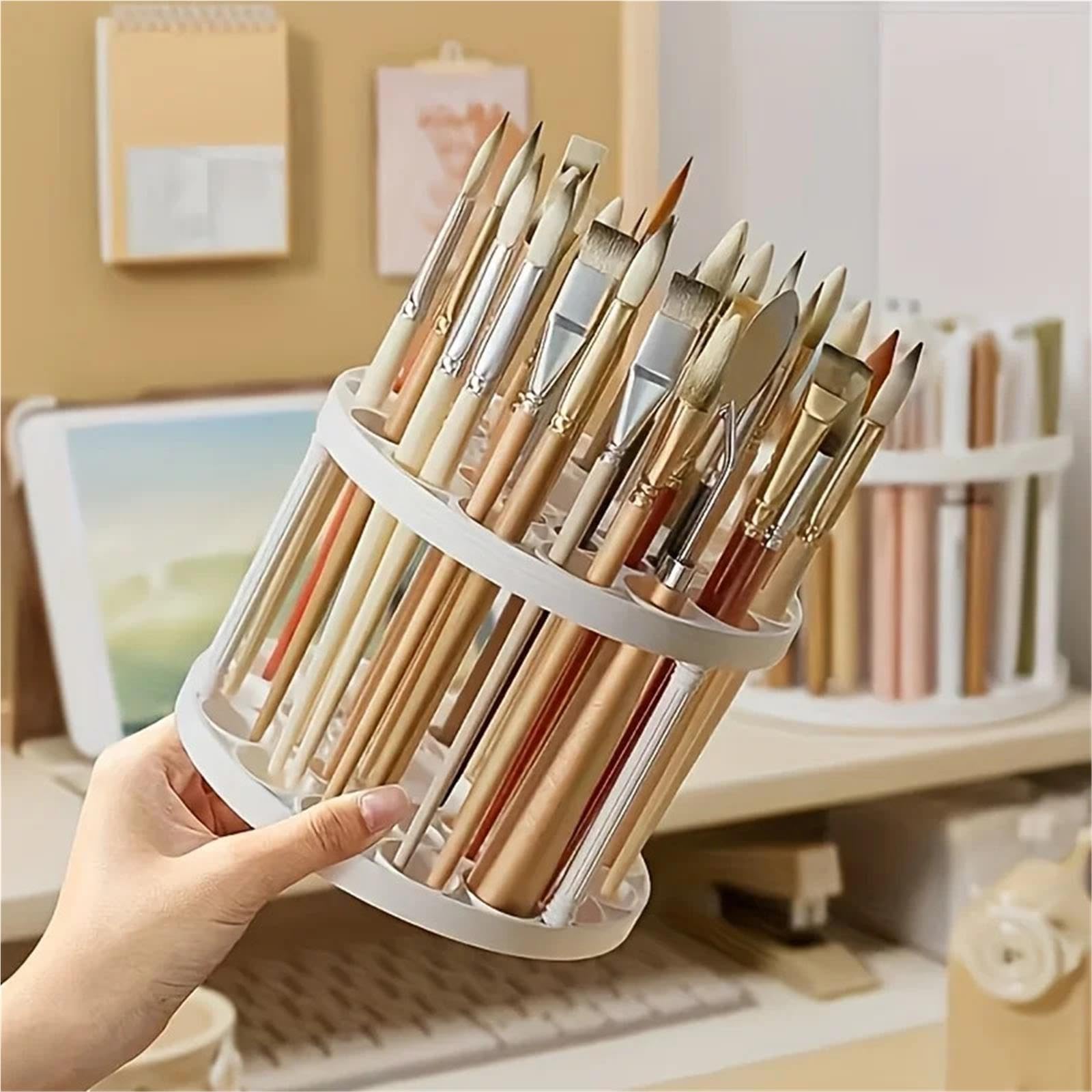 Organizer da Scrivania Rotante Portaspazzole rotante | Elegante organizer in plastica bianca for pennelli artistici, salvaspazio con finitura satinata