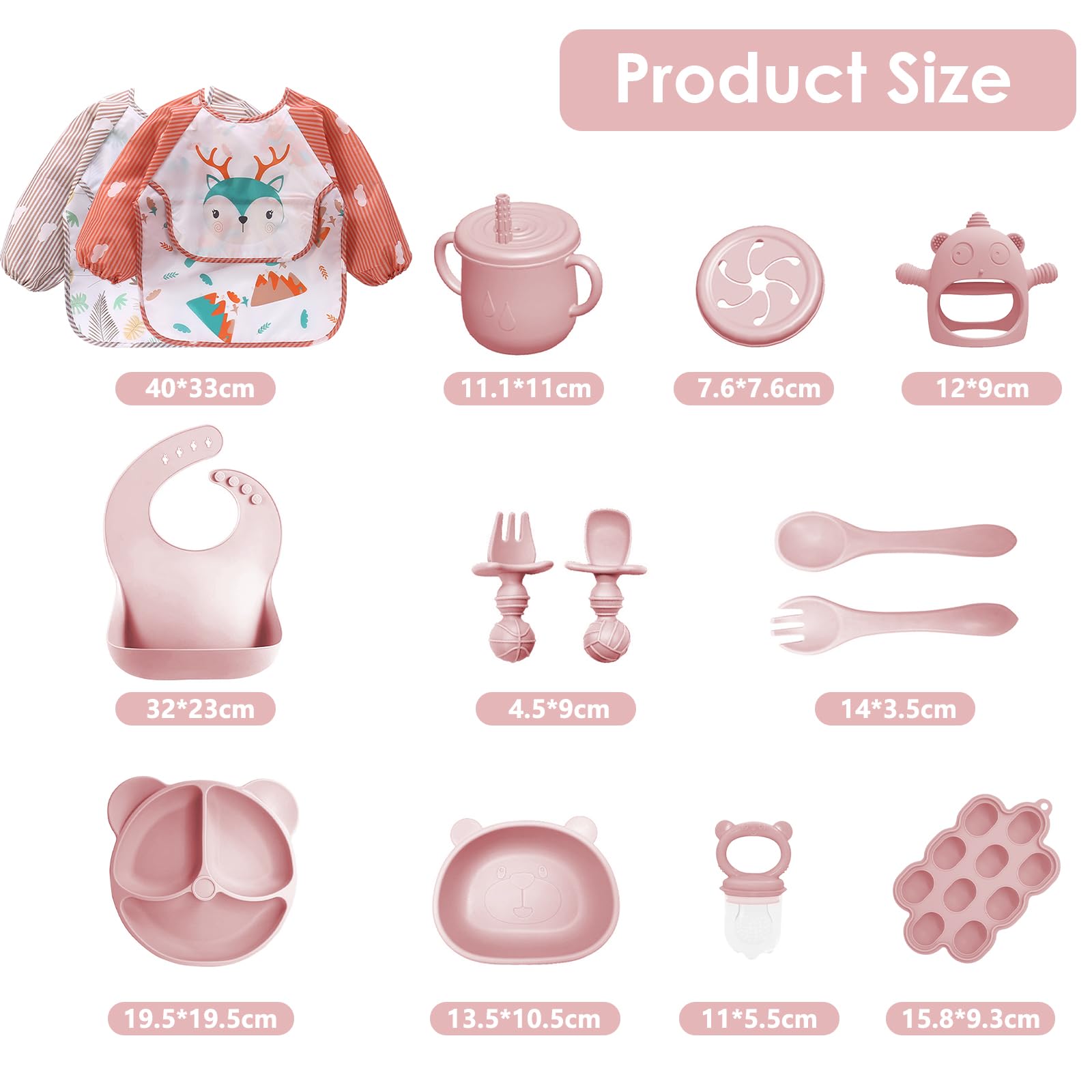 14er Baby Geschirrset, Silikon Baby Weaning Besteck Set, Rutschfest, Teller, Schüssel, Lätzchen, Löffel, Gabel, Fruchtsauger, Babybrei Einfrieren Behälter, Beißring Baby, BPA Frei (Hellrosa)