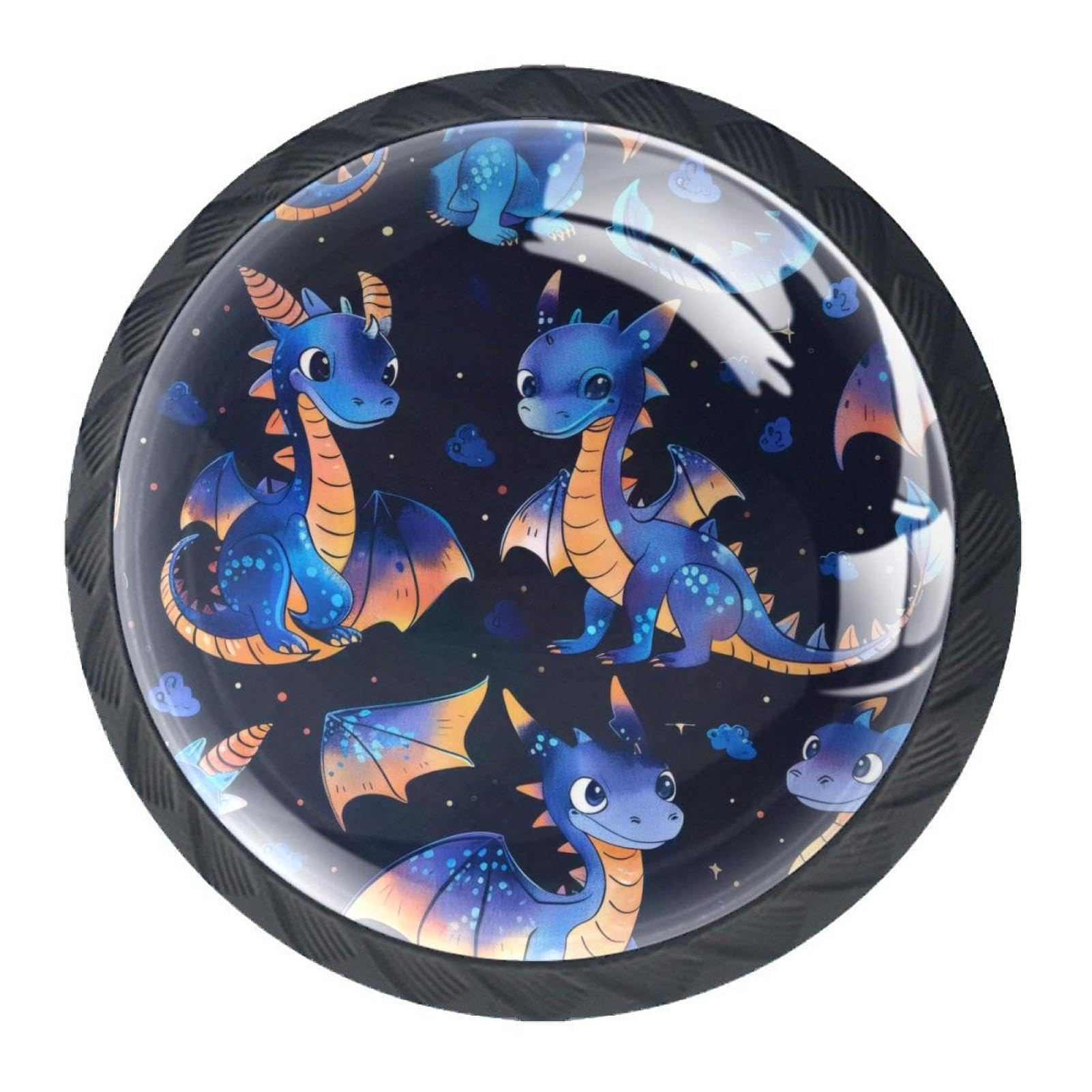 Anna Cowper 4 Pack Black Drawer Knobs, Caroon Dragons Cabinet Knobs Round Glass Knobs for Kitchen Cabinet Hardware Bathroom 35MM