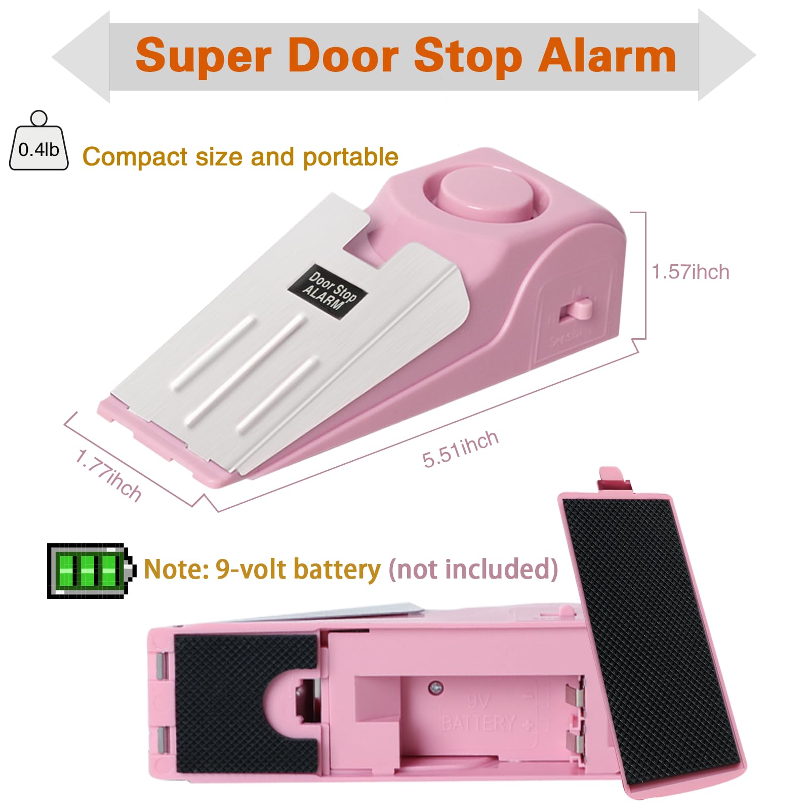 HNHMT Tragbarer Türstopper-Alarm, Türstopper mit 120 dB lautem Sicherheitsalarm, Reisetür, Türstopper, Keilsensoren, Sicherheitsvorrichtungen für Reisen, Wohnung, Hotel und Zuhause, Rosa, 2 Stück