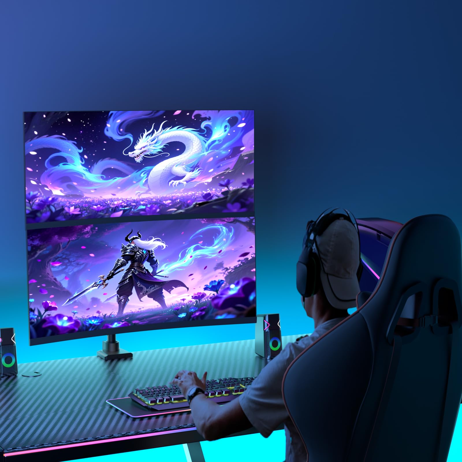 WALI Podwójny uchwyt na monitor do ultrawide, wytrzymałego, zakrzywionego monitora, podwójne ramię monitora pasuje do 17-49 cali do ultrawide ekranów o wadze do 20 kg, ramię monitora 124.5 cm, czarny