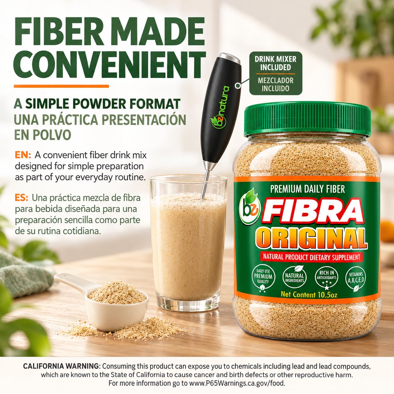 BE Fibra–Daily Fiber Drink Mix, 10.5 oz, with Vitamins A, B12, C & D, Includes Drink Mixer,Plant-Based Formula, Vegan, Non-GMO, Authentic by BexpertsUSA — Amazon image 7