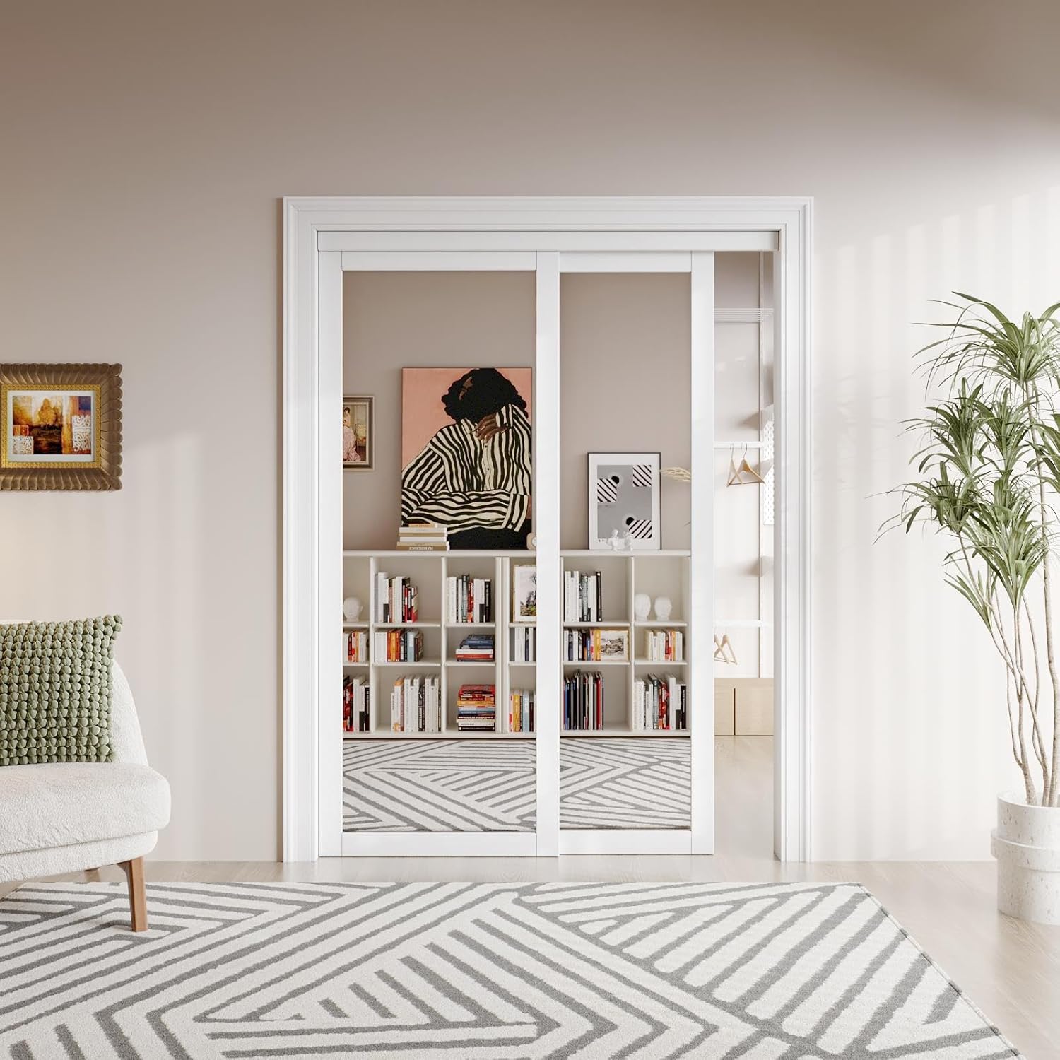 Mirrored Sliding Closet Door 60"(Double 31") x 80" Interior Doors with Hardware Kit & Floor Guide, Preassembled One Side Mirror Door Pre-Drilled Easy Install