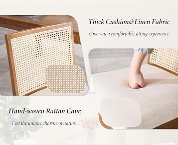 Dining Chairs 4PCS,Rattan Backrest&Wood Legs,Kitchen Chair,Beige | Breathable Backrest,Upholstered Linen Fabric,Thick Soft Cushion,Solid Wooden Frame,for Dining Room Kitchen Living Room