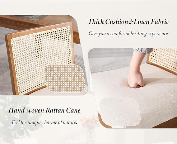 Dining Chairs 4PCS,Rattan Backrest&Wood Legs,Kitchen Chair,Beige | Breathable Backrest,Upholstered Linen Fabric,Thick Soft Cushion,Solid Wooden Frame,for Dining Room Kitchen Living Room