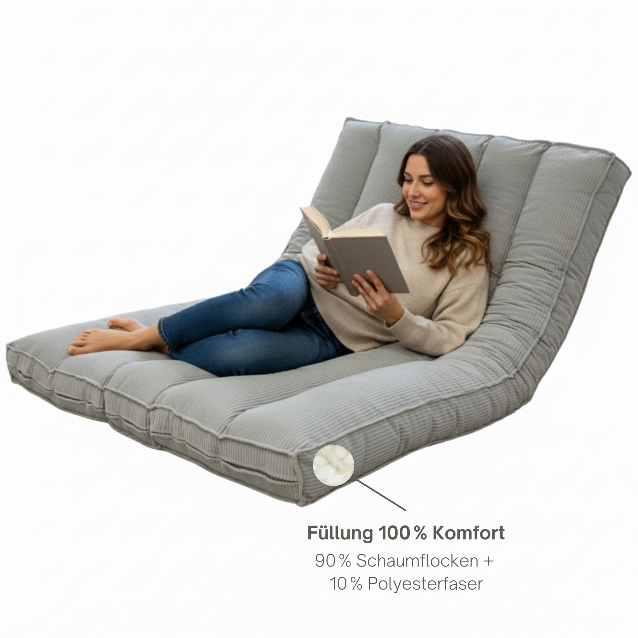 bananair Futon für 2 Personen - Dick & Bequem, Waschbarer Bezug, Ideal als Klappbare Bodenmatratze - Japanische Matratze, Aufbewahrungsgurt Enthalten (140 × 190 cm, Hellgrau)