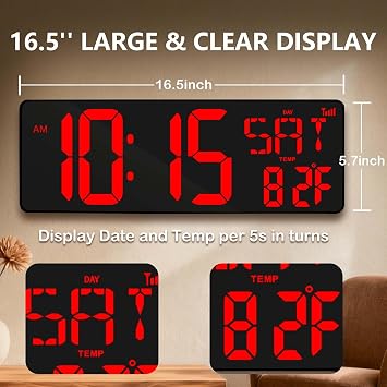 Digital Wall Clock Large Display: 16.5 LED Digital Clock with Remote Control Temperature Date Week Auto DST Adjustable Brightness, Big Wall Clock for Bedreeom Kitchen Living Room Office Gym