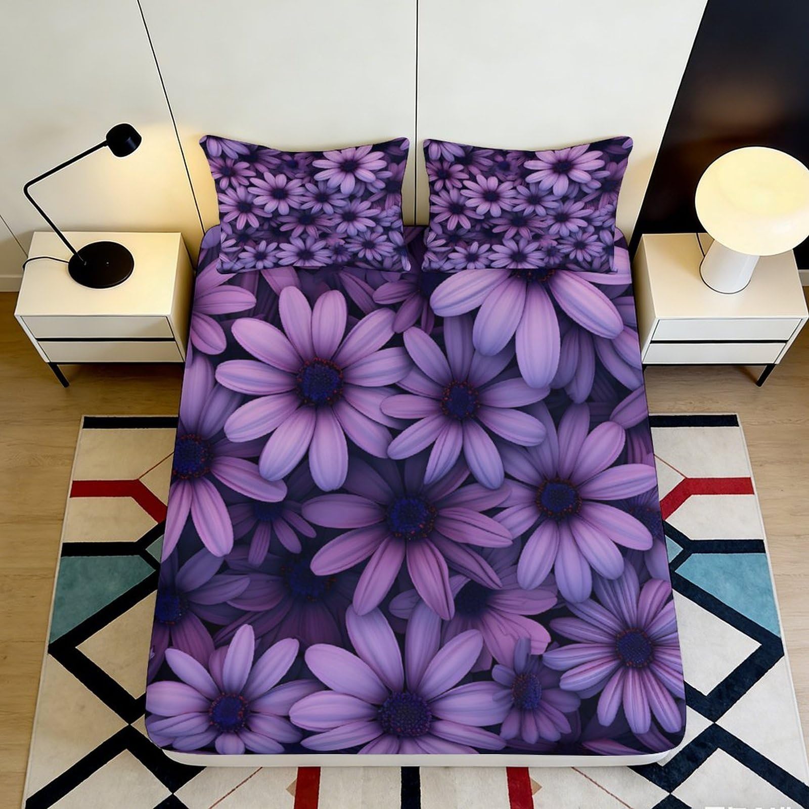 K1r3d9e5 Style-8 3D Printed Purple Daisy Fitted Sheet Microfiber Soft Floral Bed Cover For Bedroom Guest Room Mattress Protection 90X200x25cm