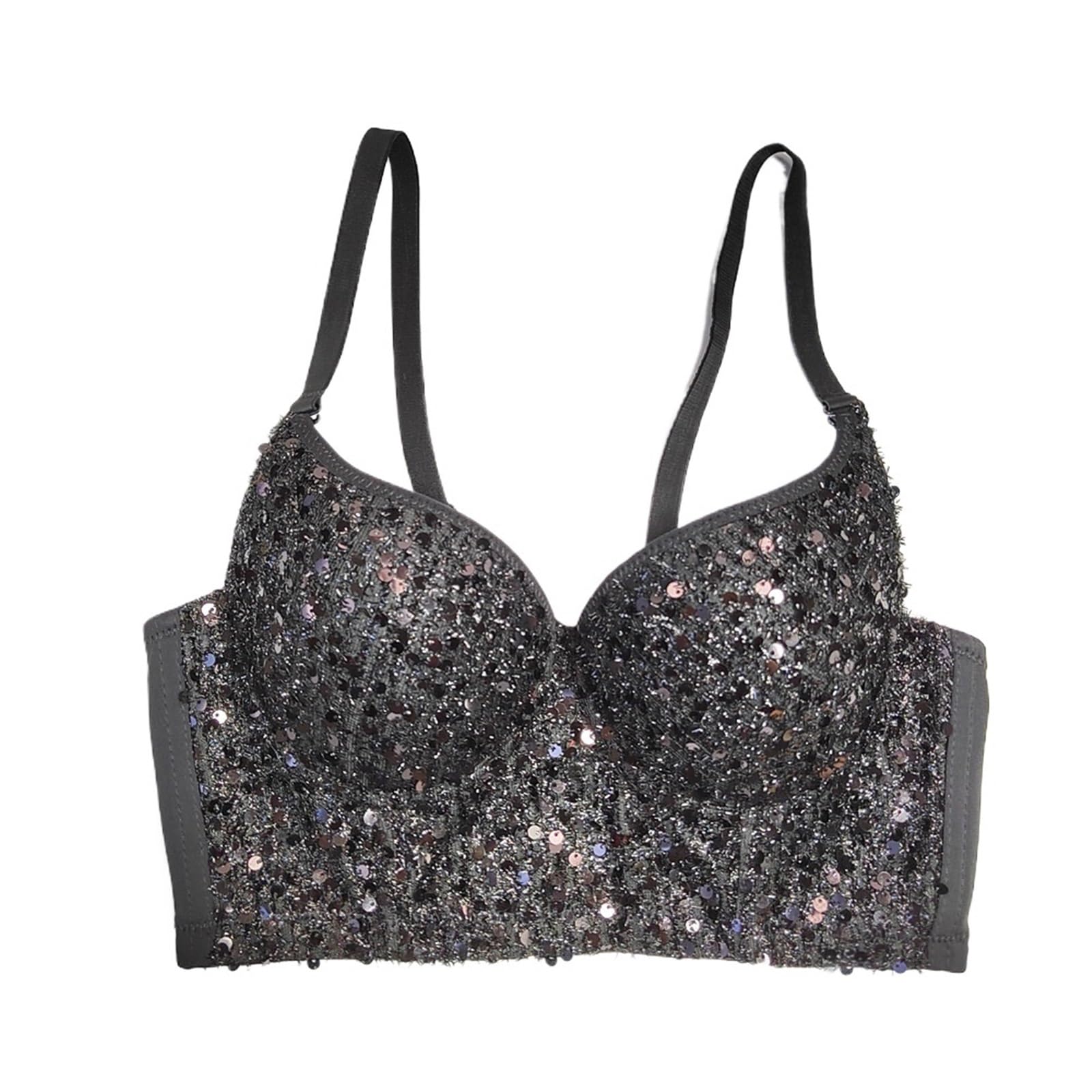 LIUHLFSR Glittery Deep V-neck Elastic Push-up Bra For Parties And Dancing Triangle Cup Sexy Women Underwear Bralette Sequins Lingerie for Dancing Carnival Party(40C,Black)