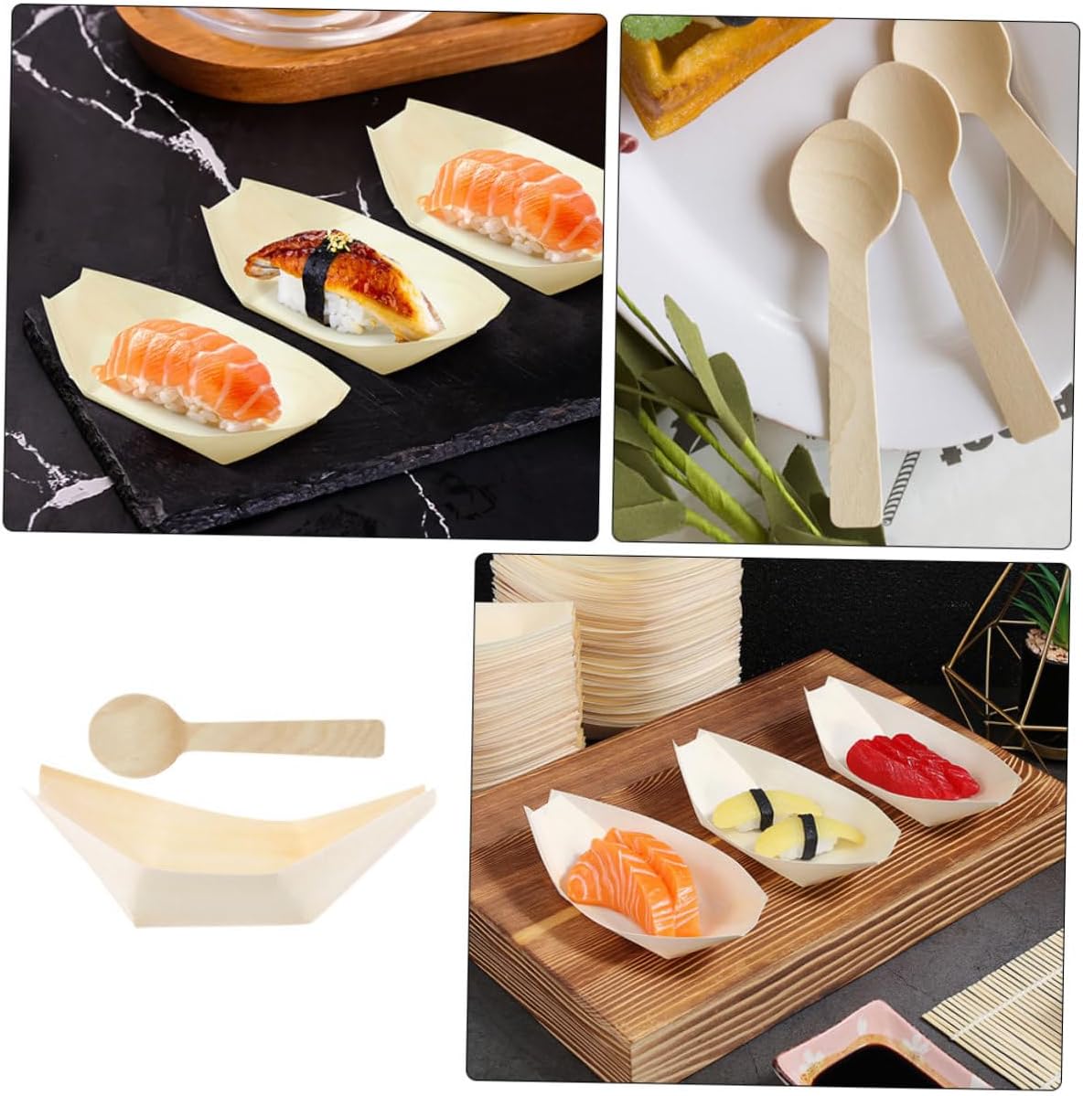 Disposable Wooden Sushi Boat Serving Trays 3-inch, 100pcs Pine Snack Plates with 50 Disposable Flat Spoons, Food-grade Wooden Appetizer Bowls for Sushi Display and Party Catering
