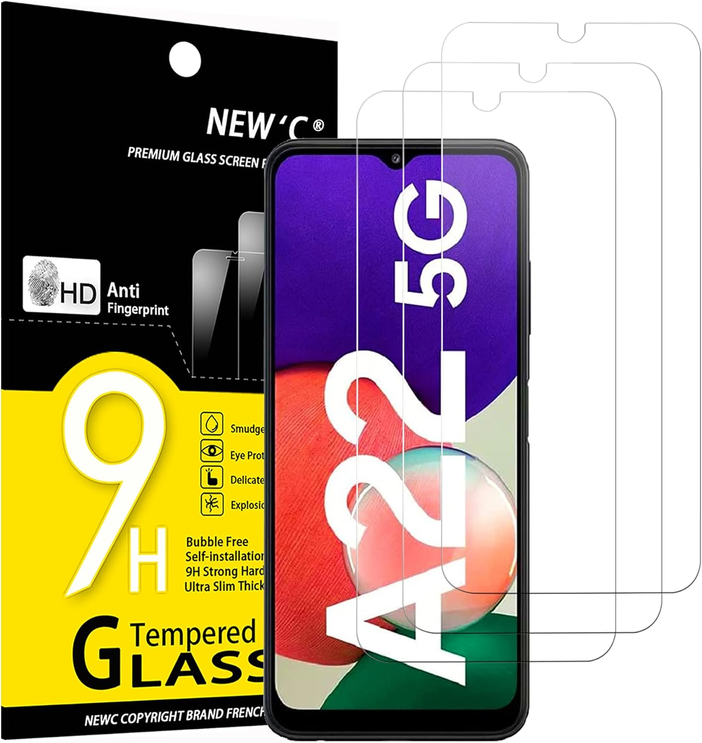 NEW'C 3 Pack Designed for Samsung Galaxy A22 5G Screen Protector, (Not for Samsung Galaxy A22 4G), Tempered Glass, Case Friendly Anti Scratch Bubble Free Ultra Resistant - Amazon product rated Grade A