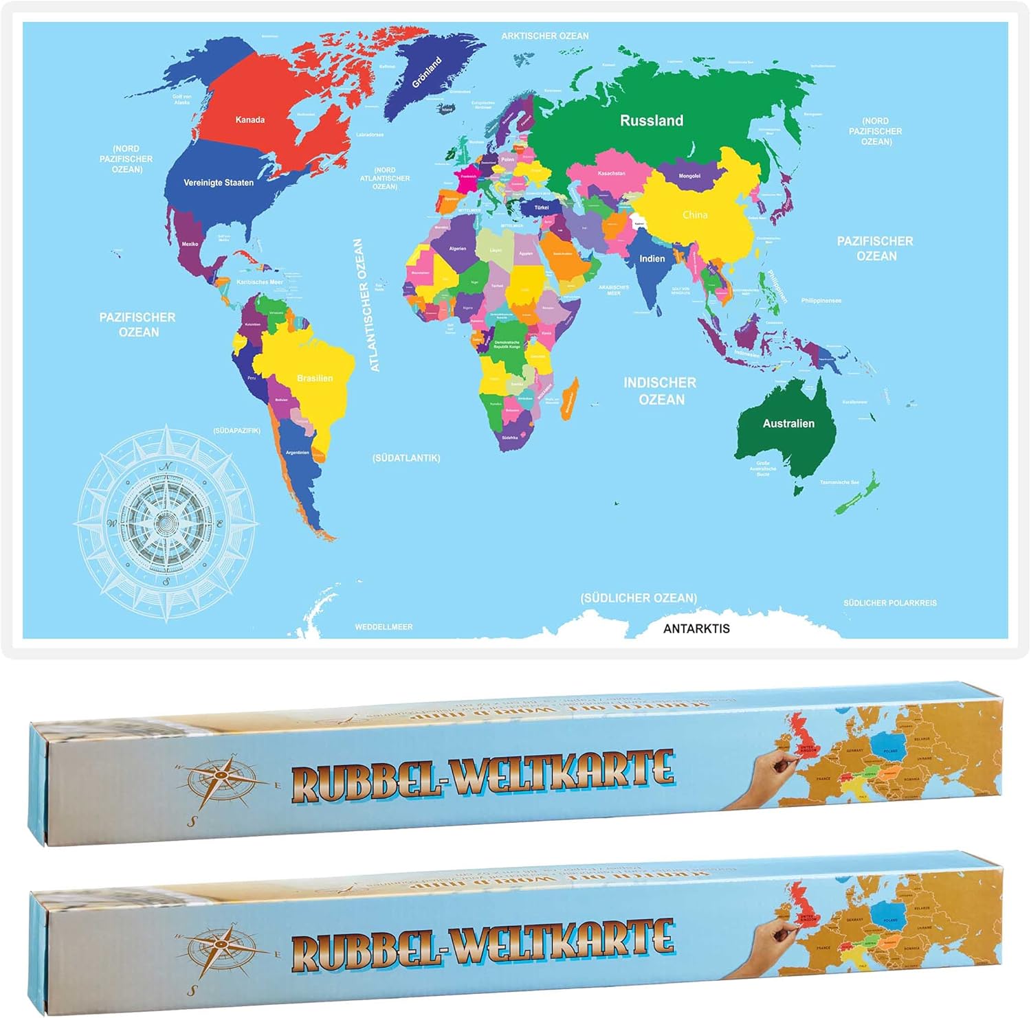 2er Set Rubbel Weltkarte 52x88 Cm - Deutsch Beschriftete Länderkarte Zum Freirubbeln