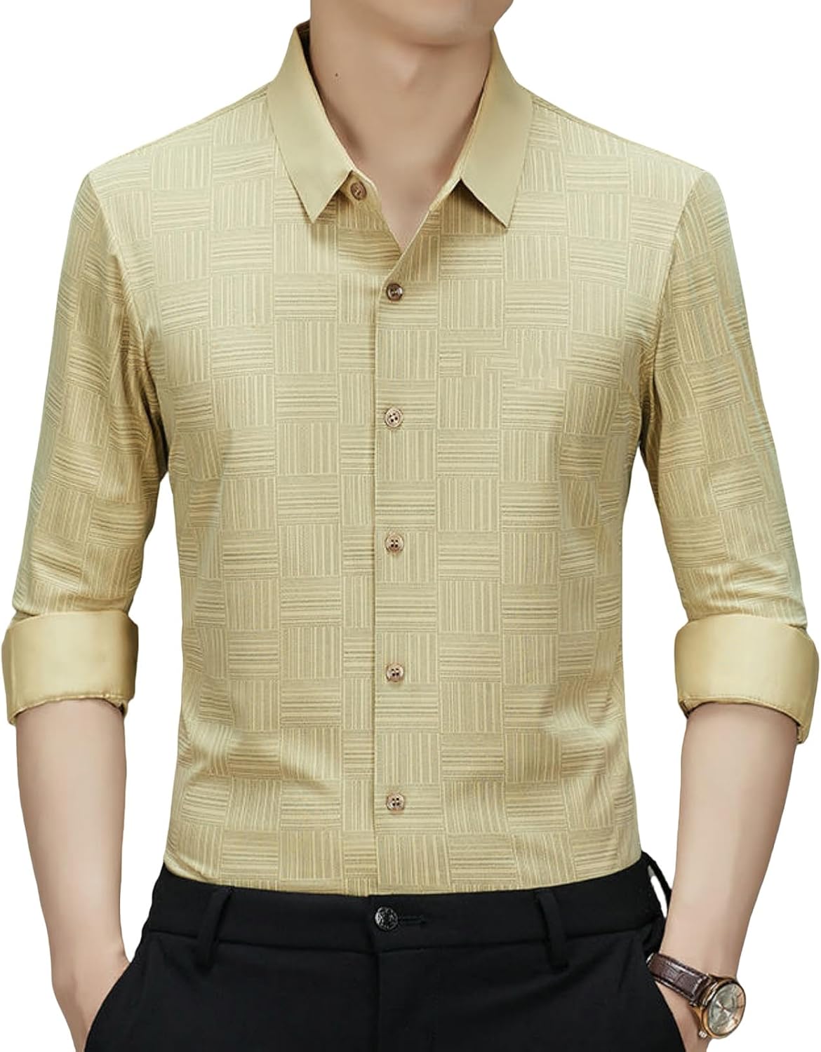 Men's Spring Printed Seamless Wrinkle-Free High Elastic Long Sleeve Shirt