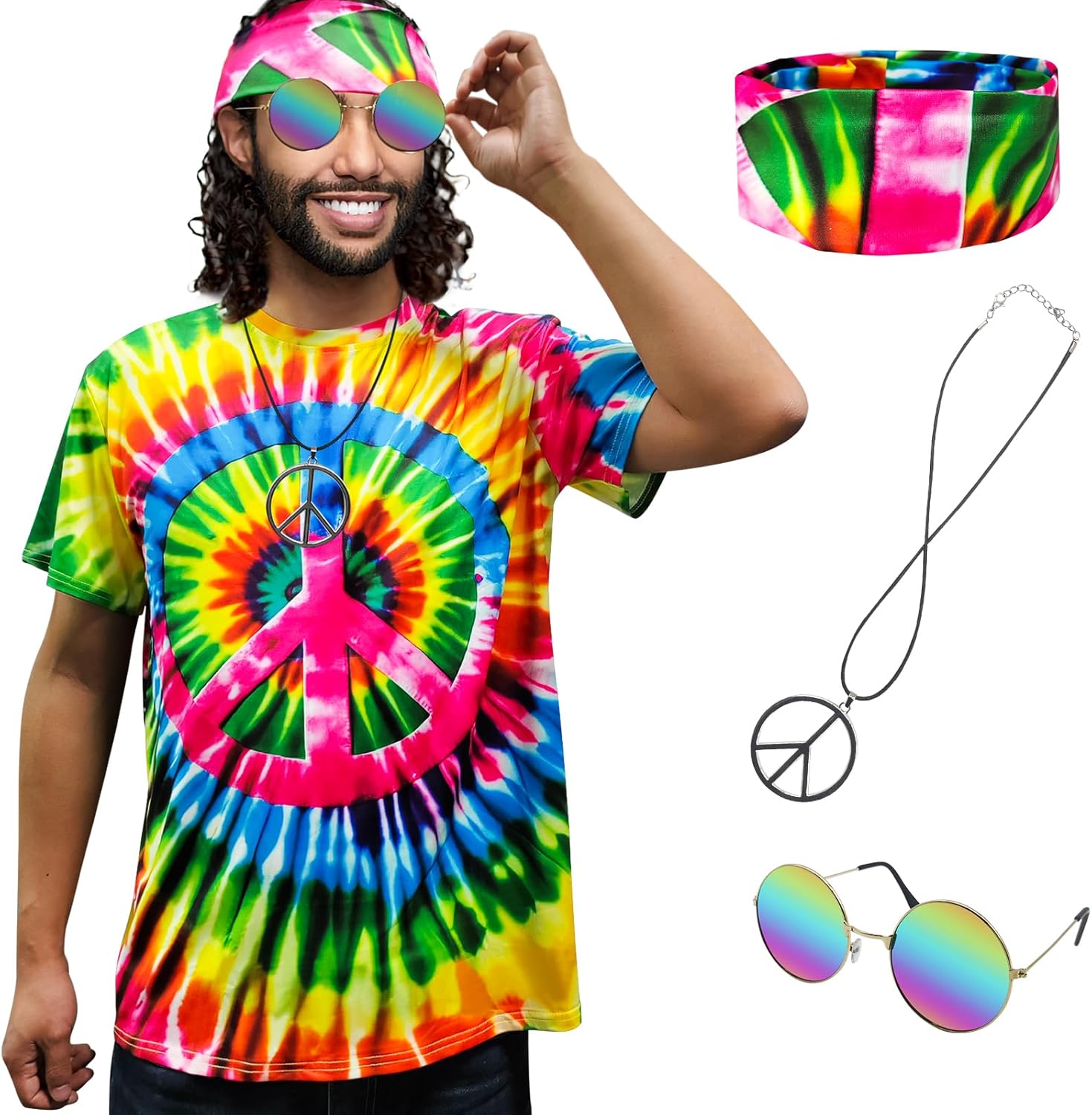 XonyiCos Hippie Costume for Men Women 60s and 70s colorful T-shirt sunglasses headband Peace necklace 4-piece theme party
