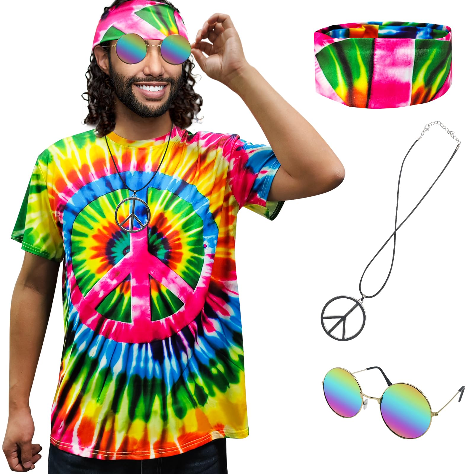 XonyiCos Hippie Costume for Men Women 60s and 70s colorful T-shirt sunglasses headband Peace necklace 4-piece theme party, Peace Colorful 4-piece Set, Medium