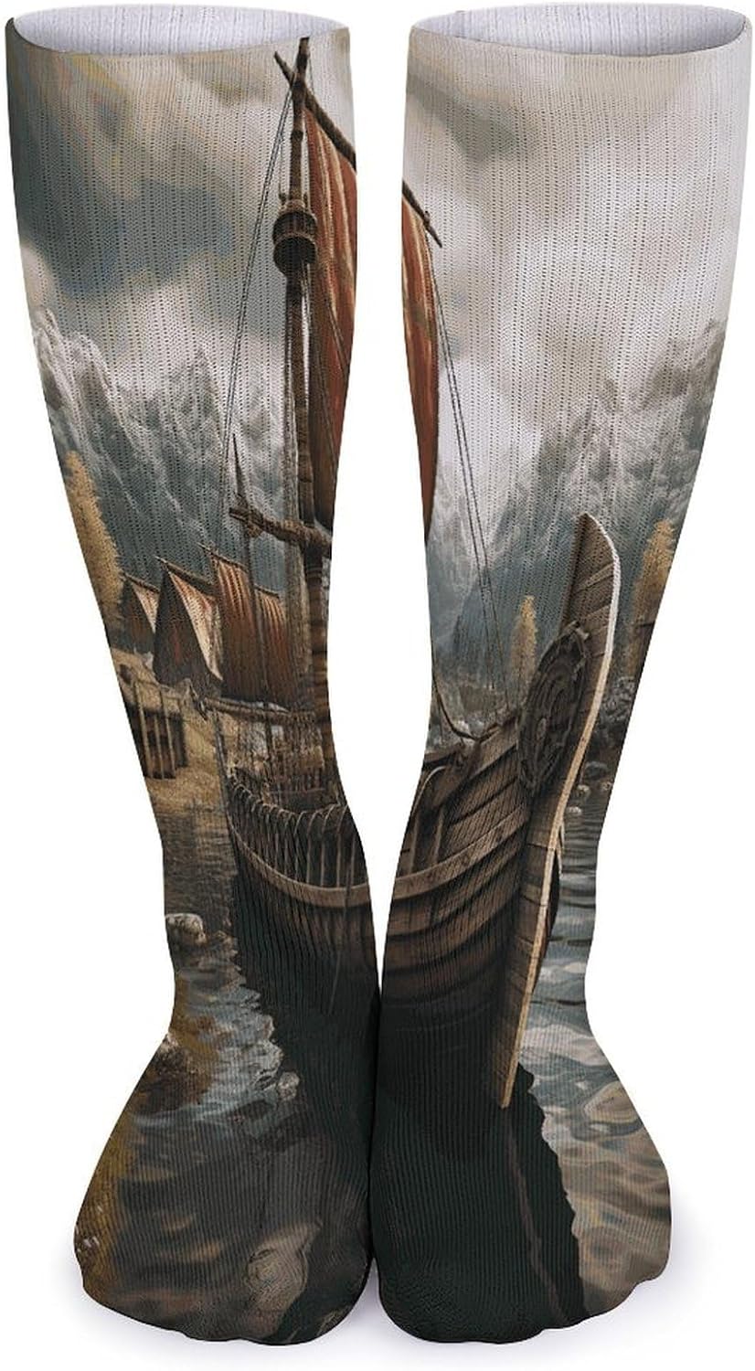 Old Viking Boat Knee High Socks Cozy Knee High Socks Soft Mid-Length Sock for All Seasons Daily Wear Adult