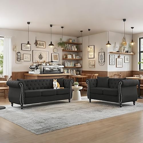 Miniatura 9 de Sofá para sala de estar, juego de 2 sofás de terciopelo Chesterfield de 80 pulgadas, 3 plazas y 59 pulgadas, moderno sofá de mediados de siglo con 4