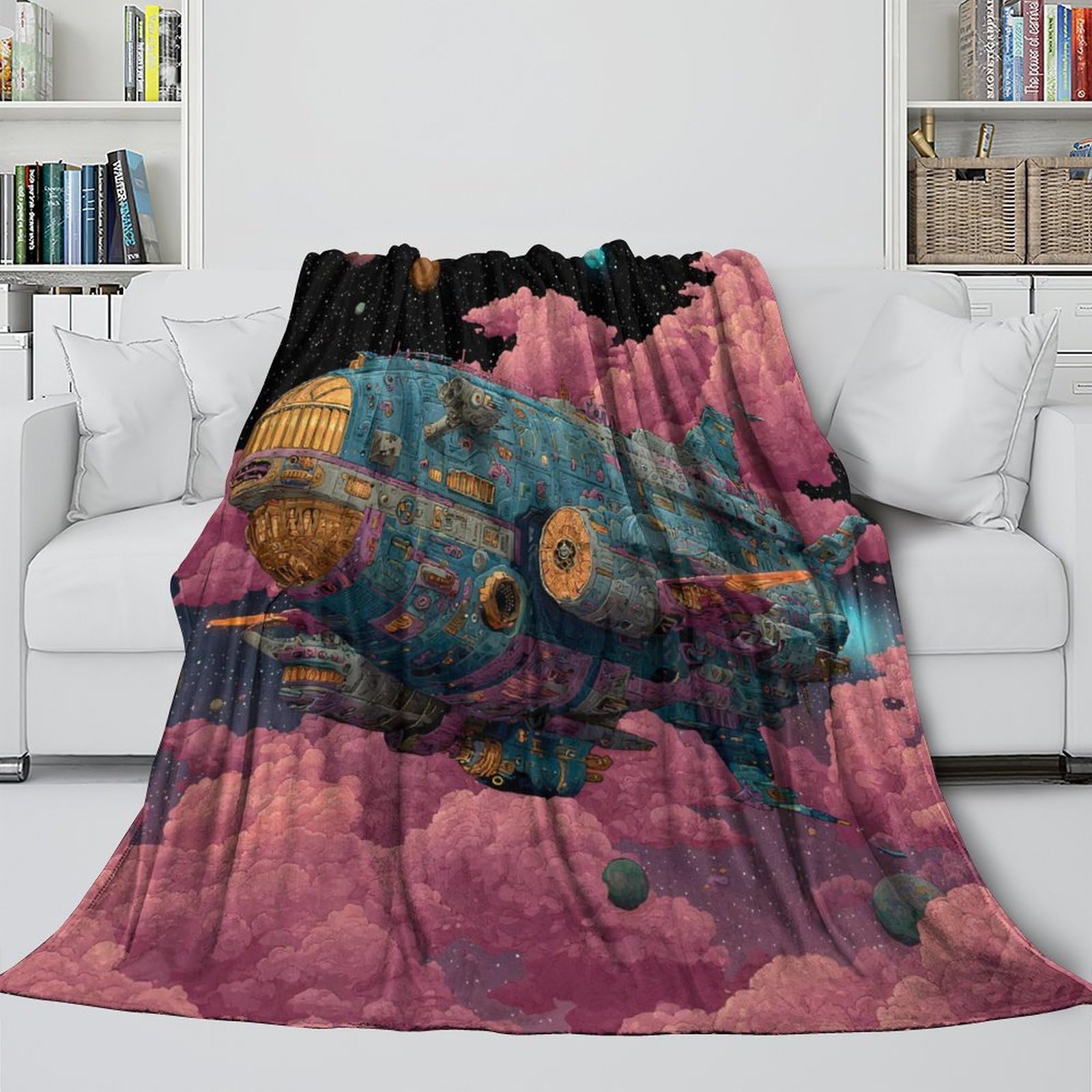 3D Gedruckte Weltraum Galaxie Nebel Sci-Fi Thema Flanell Kuscheldecke, Weltraum Erkundungsschiff Weiche Tagesdecke Für Sofa Bett, 70x80inch(180x200cm)