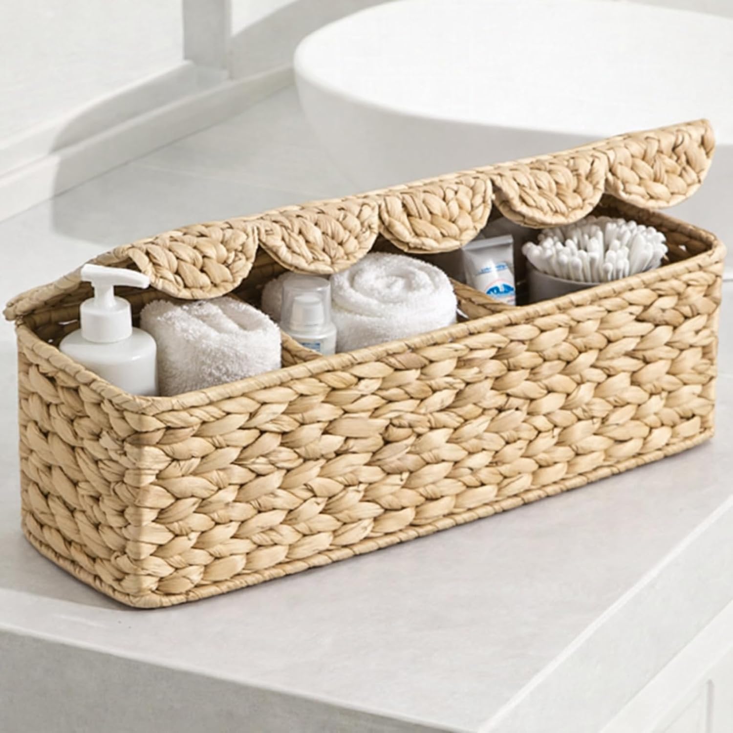 Qinyoung Woven Storage Basket with 3 Compartments, Handwoven Divided Organizer Bin with Lid for Closet, Shelves, Pantry, Bathroom, Toilet Tank, Home Organizing and Decor, 16.5 x 5.5 x 5.5 Inch