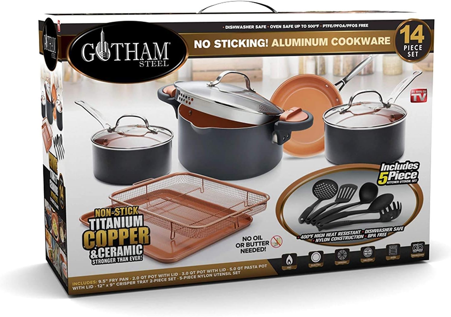 Gotham Steel Home Kitchen Pots and Pans Set Ultra Nonstick 14 Piece Cookware Set - Includes Sauce Pans, Frying Pan Stock Pot, Oven Air Fry Basket, Chefs Utensils & More – Dishwasher Safe