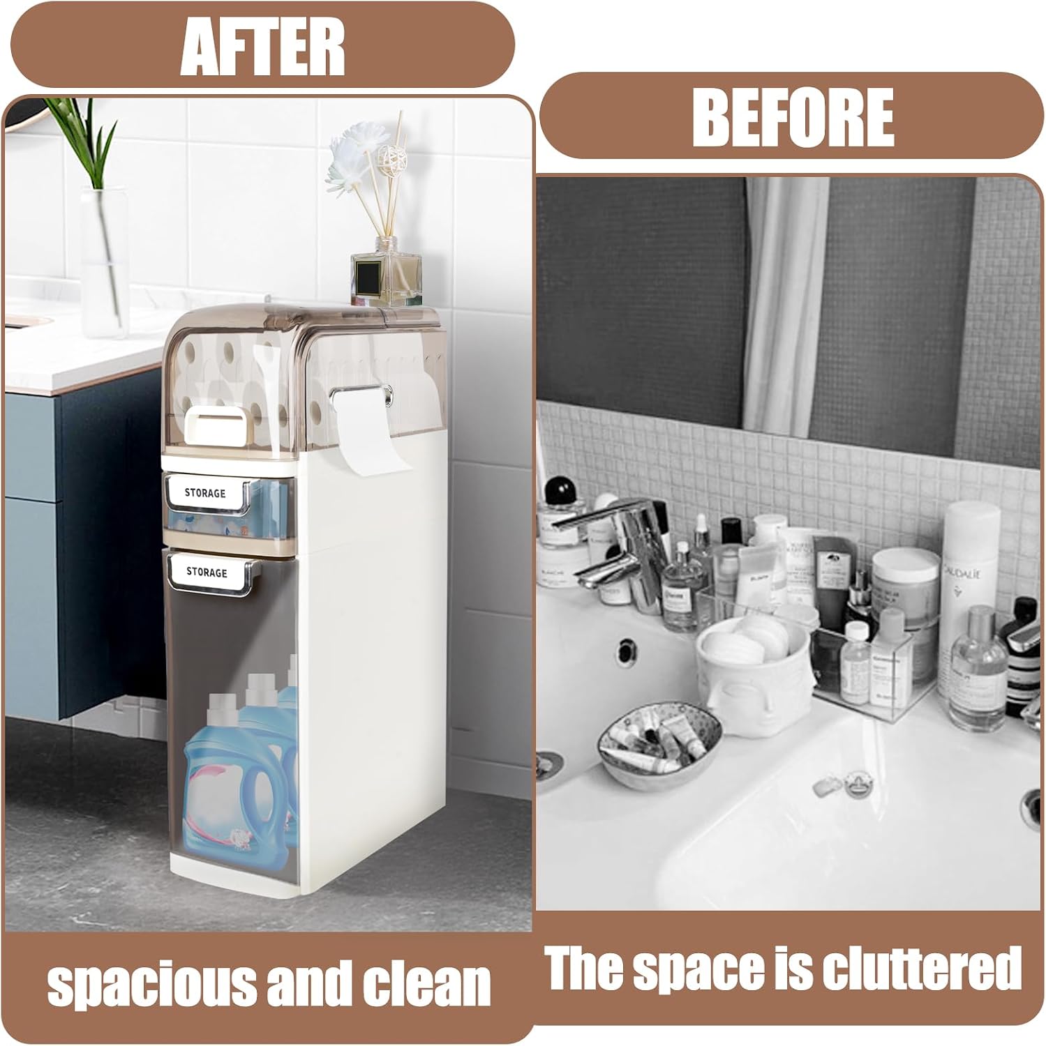 3 Tier Standing Storage Cabinet with Drawers and Removable Rollers, Slim Bathroom Storage Cabinet, Large Capacity Design, Narrow Toilet Paper Cabinet for Tight Spaces, White
