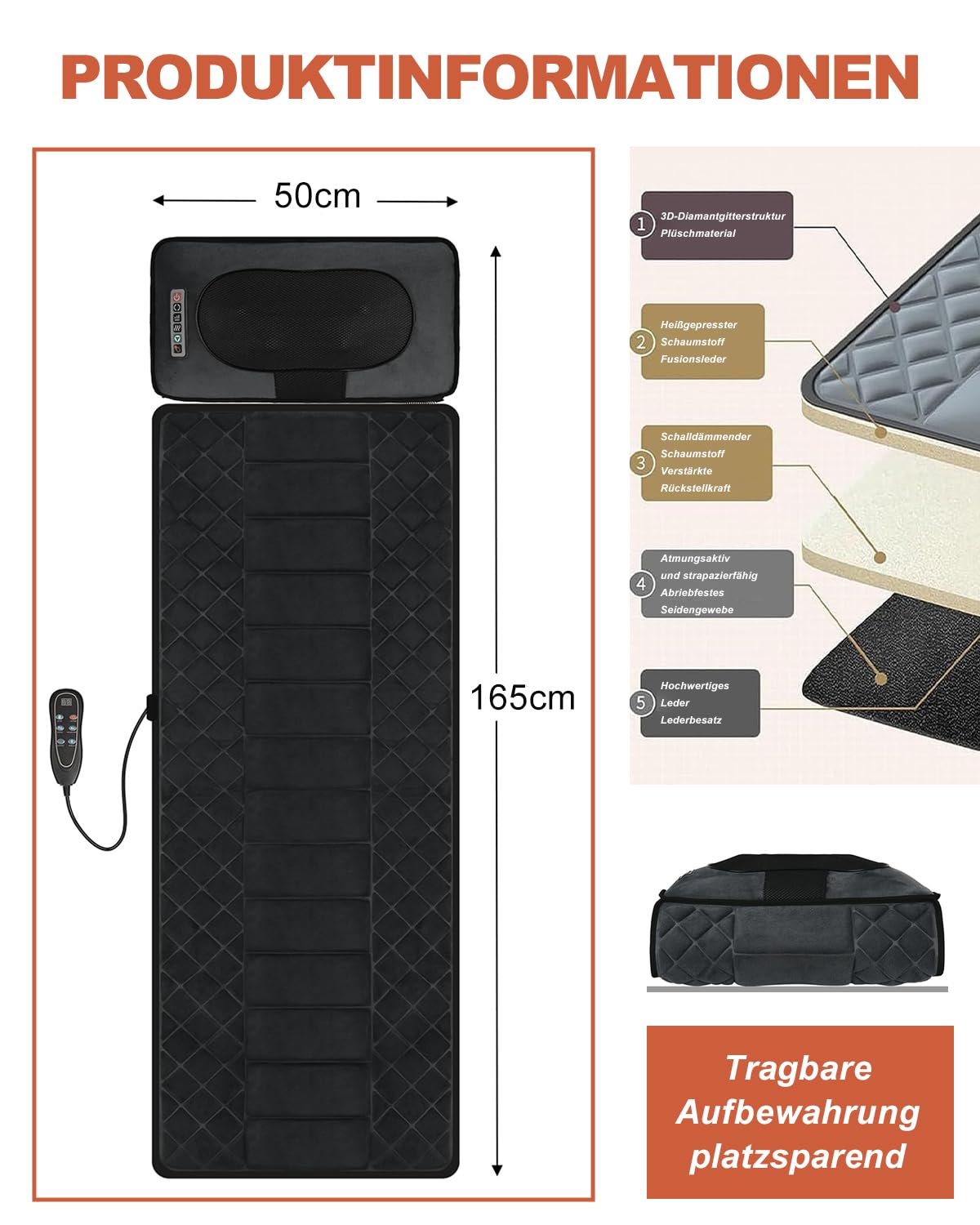 Ganzkörper-Massagematte, 160x50 cm mit Wärme, 30 Massageköpfen, 4-in-1 Luftdruck, Knet, Vibrations und Wärmefunktion, Smart-Kopfstütze mit 6 Tasten, abnehmbar, Massagematte Elektrisch Ganzkörper