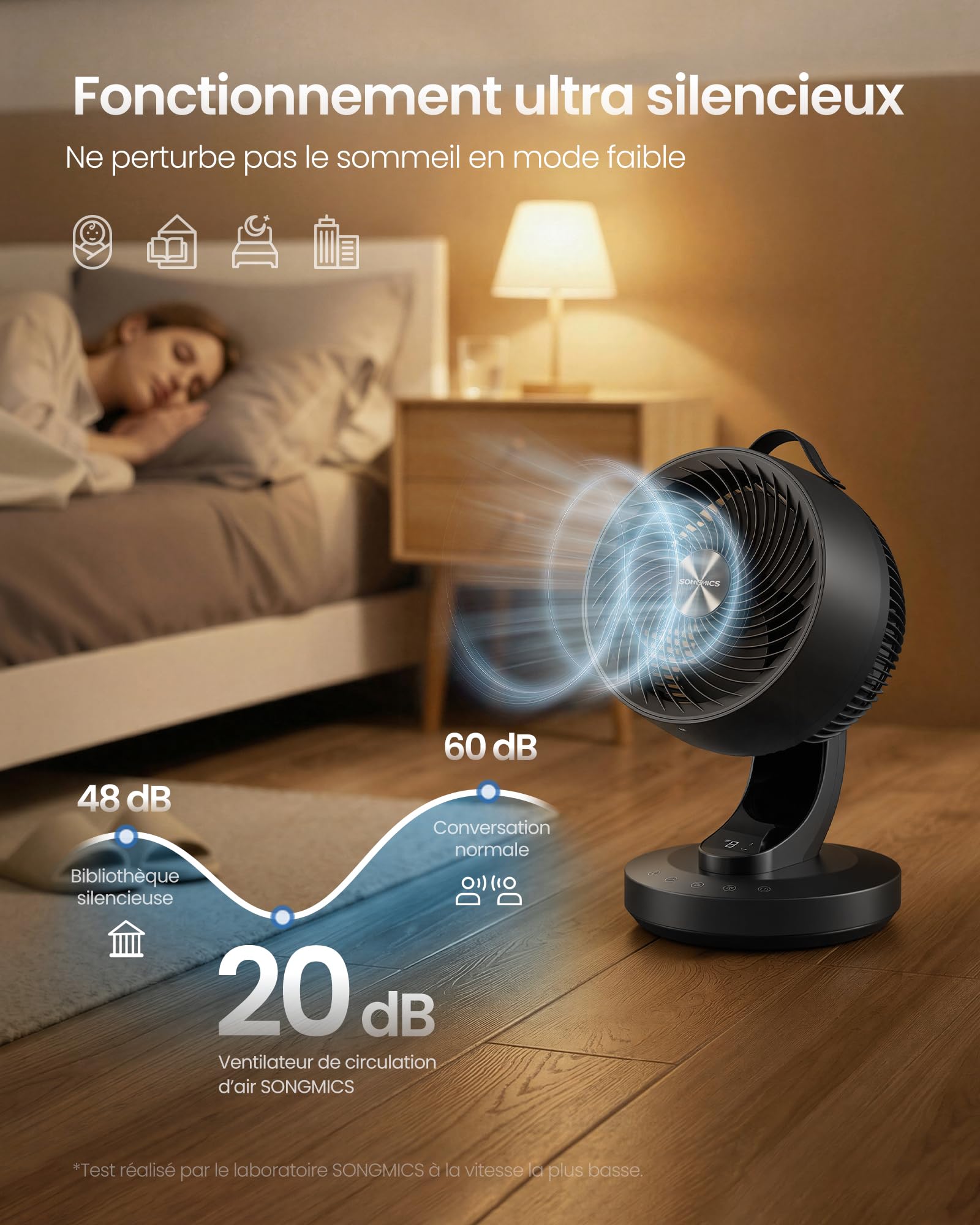 SONGMICS Ventilateur de Bureau Silencieux 20 dB, avec Télécommande, Circulateur d’Air Puissant, Oscillation 70°, 8 Vitesses, Minuterie 12 h, Noir d'Encre XFC001B1EU - 5