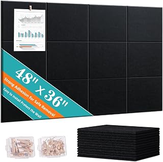 Large Cork Bulletin Board 48" x 36" - 12 Pack Black Felt Wall Tiles with 60 Pcs Safe Removable Adhesive Tabs & 40 Pcs Pushpins - for Office Wall, School, Home Decor - Black