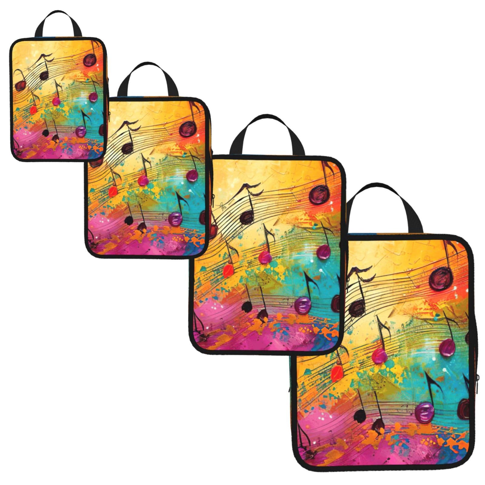 Colorful Music Notes Print 4 Set Compression Packing Cubes for Suitcases,Expandable Storage Bag Organizers