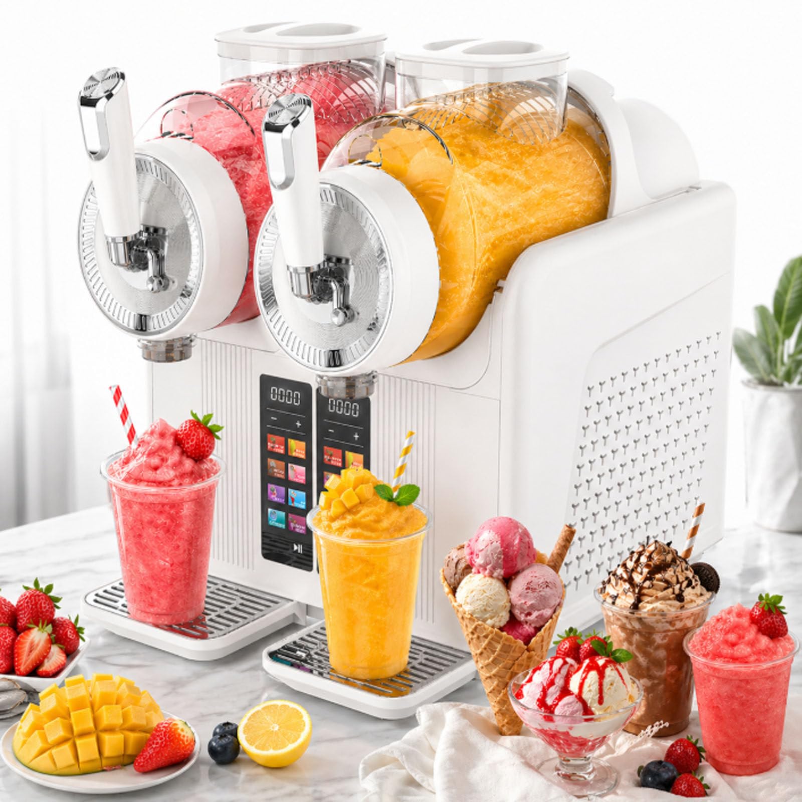ErShangMao Double-Headed Slushie Maker, 430w Slushy Maker,2 X 2l Countertop Cold Drink & Soft Ice Cream Machine With 7 In 1 Presets, Adjustable Hardness For Juice, Milkshake, Coffee Granita White