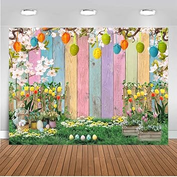 CHAIYA 7x5ft Spring Easter Backdrop Colorful Wood Green Grass Backdrops for Photography Spring Flowers Eggs Easter Photography Backdrops Kids Children Party Supplies Decorations