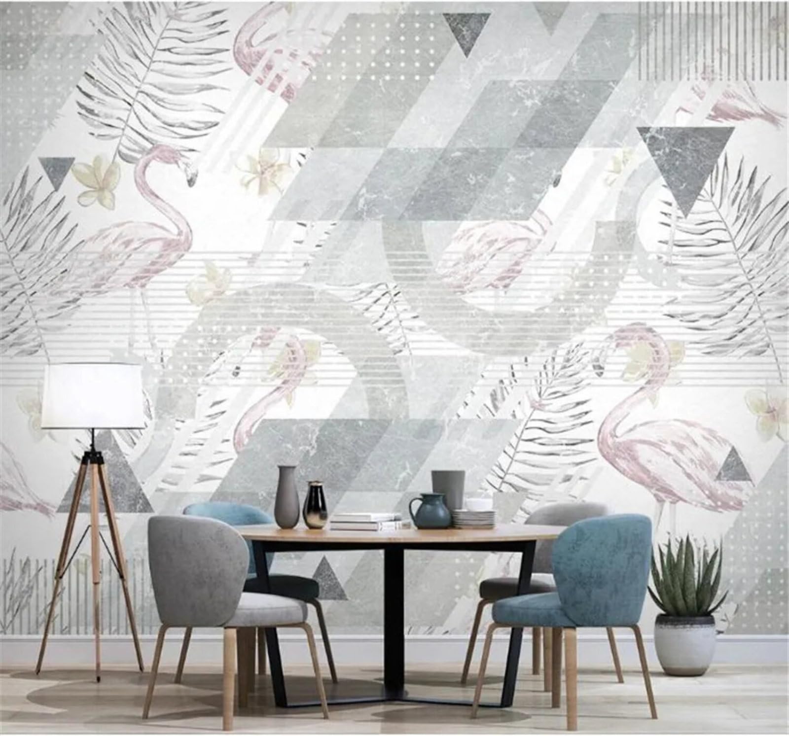Tzxztt Abstract Geometric Flamingo Tropical Plants Modern 3D Wallpaper Premium Textured Silk Neutral Tones Material Ideal for Living Room Bedroom-150cm×105cm