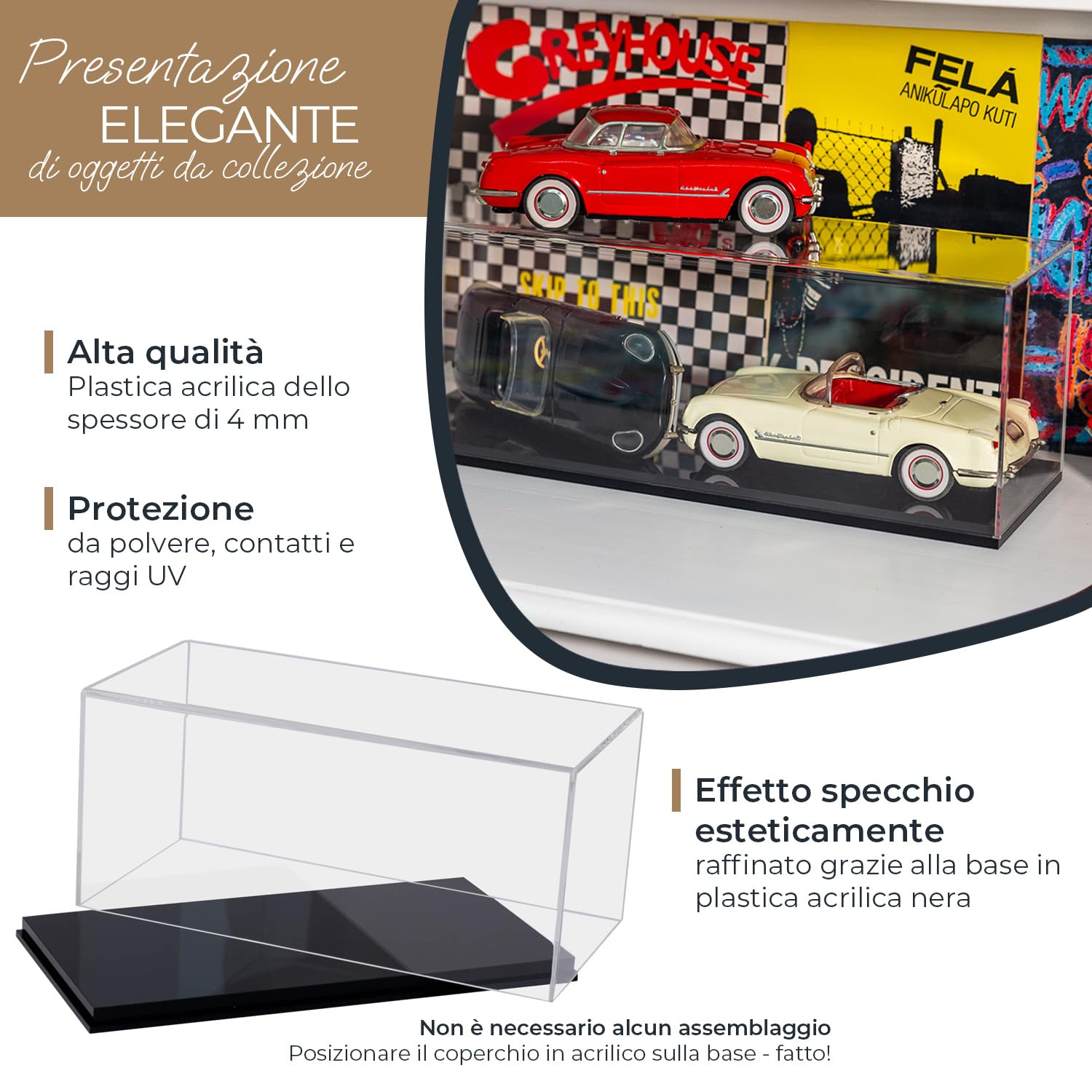 HMF Vetrina Espositiva in acrilico con specchio, Vetrinetta per collezionismo, modellini di auto, statuette | 30 x 15 x 14 cm
