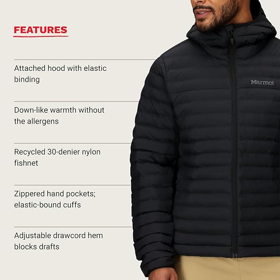 Marmot Men's Echo Featherless Hoody Warm Puffy Jacket, Insulated Hooded Winter Coat, Water-resistant Quilted Parka, Lightweight Packable Outdoor Jacket, Windproof (pack of 1)