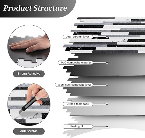 Miniatura 6 de 10 hojas de azulejos más gruesos para despegar y pegar, azulejos autoadhesivos para pared, diseño de piedra negra, para cocina, baño, lavandería,